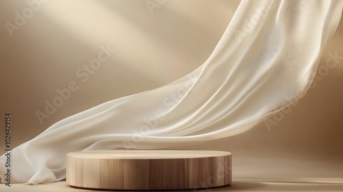 Obraz na płótnie 3. **Feminine Luxury**: Design a refined 3D display featuring a wooden pedestal against a smooth brown background, with a delicate silk curtain flowing gracefully. The natural wind effect should w salonie