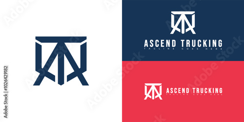 Modern shield initial vector letter AT or TA logo in blue color isolated on multiple background colors. The logo is suitable for truck company logo design inspiration templates.