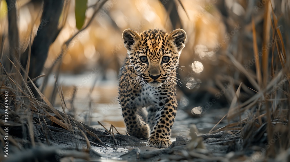 Fototapeta premium A young leopard cub is seen in the Okavango Delta : Generative AI