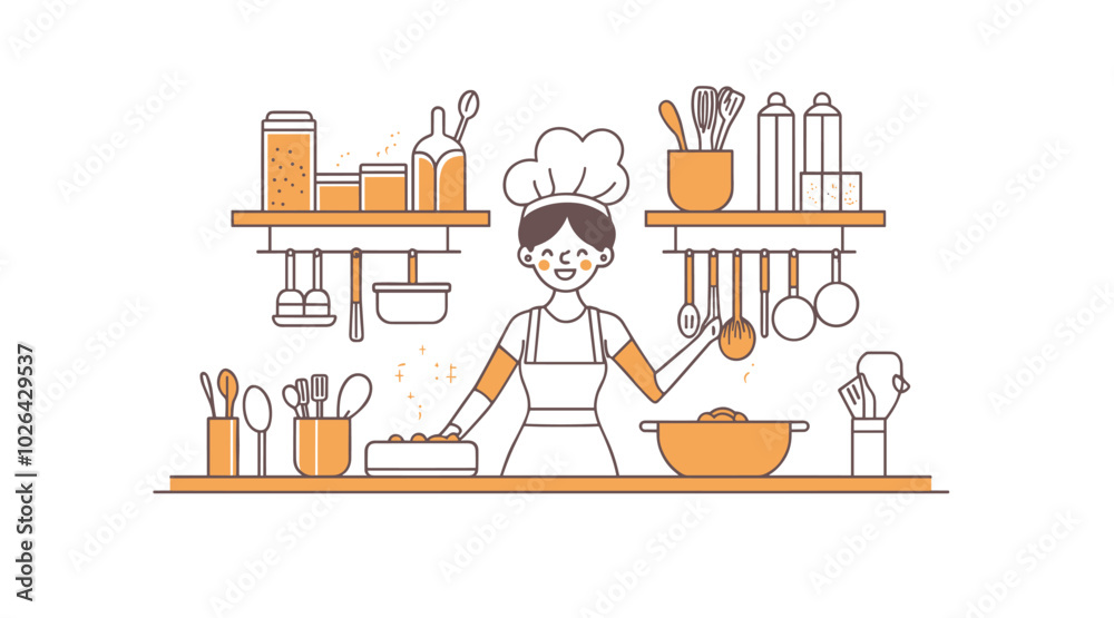 Fototapeta premium vector simple drawing girl in the kitchen cooking food .Generative AI