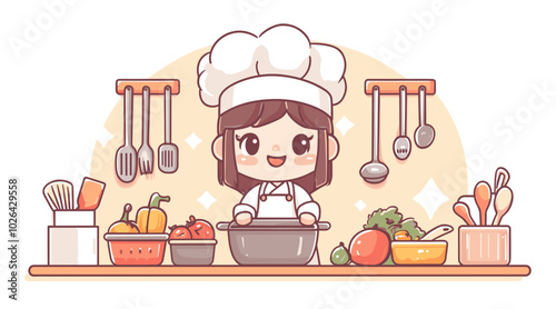 vector simple drawing girl in the kitchen cooking food .Generative AI