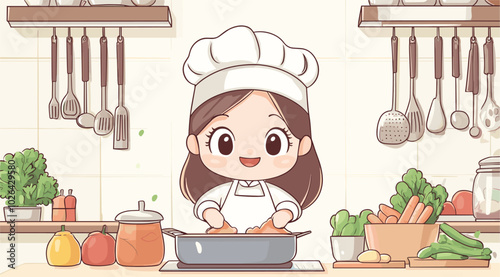 vector simple drawing girl in the kitchen cooking food .Generative AI