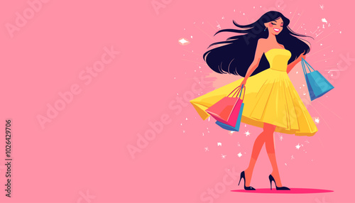 vector simple drawing girl with shopping bags standing in dress .Generative AI