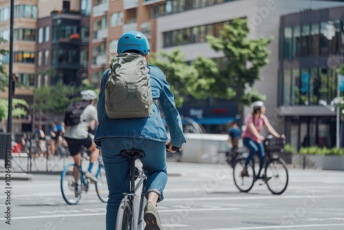 A woman is riding a bicycle with a backpack on photo