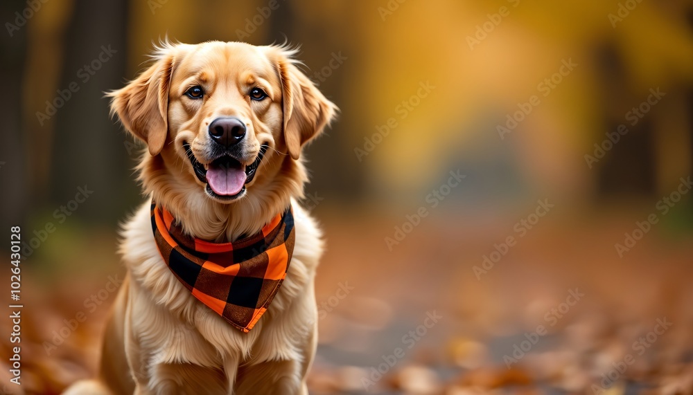 Happy golden retriever dog, orange plaid bandana, outdoor fall background, thanksgiving, promotion, banner, copy space, space for text Happy golden retriever dog, orange plaid bandana, outdoor fall background, thanksgiving, promotion, banner, copy space, space for text