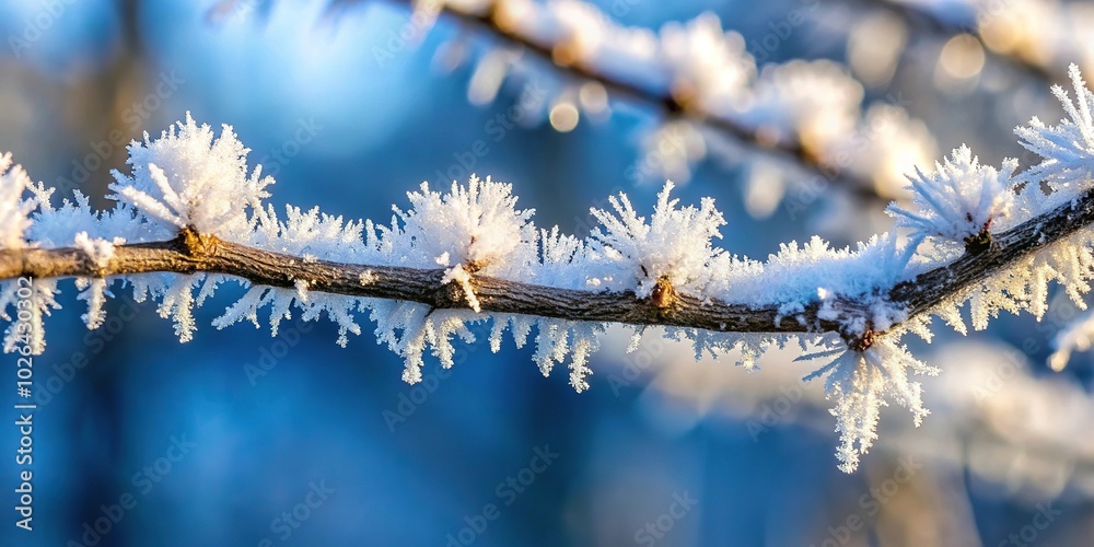 Panoramic detail of frost on a leafless tree branch Panoramic detail of frost on a leafless tree branch