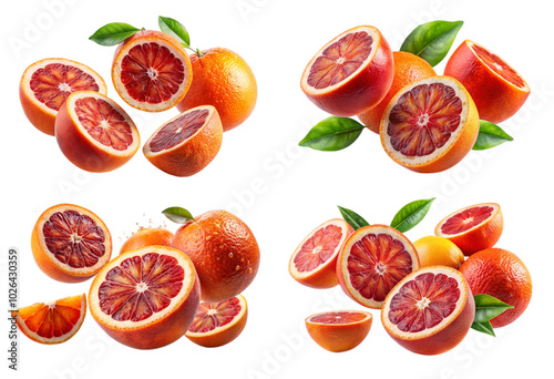 Set of red blood orange with half slices falling png