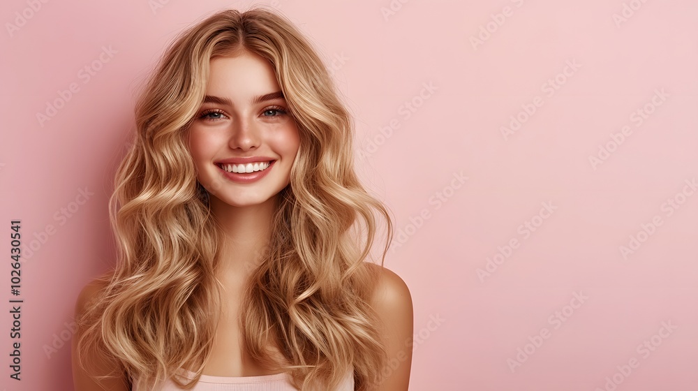 5. **Charming Hair Care Ad**: Create a captivating image of a young woman with beautifully styled blonde hair, smiling against a light pastel background. The scene should allow for plenty of empty