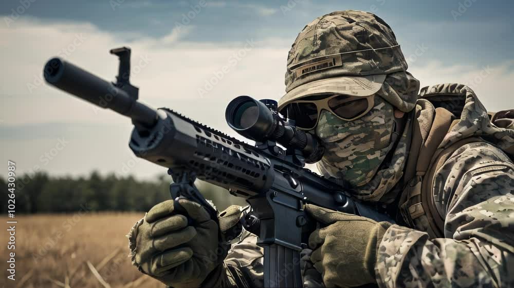video, Camouflaged soldier aiming rifle during tactical mission video, Camouflaged soldier aiming rifle during tactical mission
