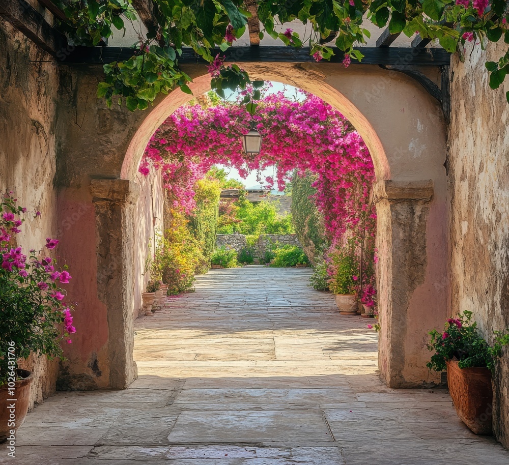 Fototapeta premium Scenic stone walkway framed by vibrant bougainvillea and an arched entrance.