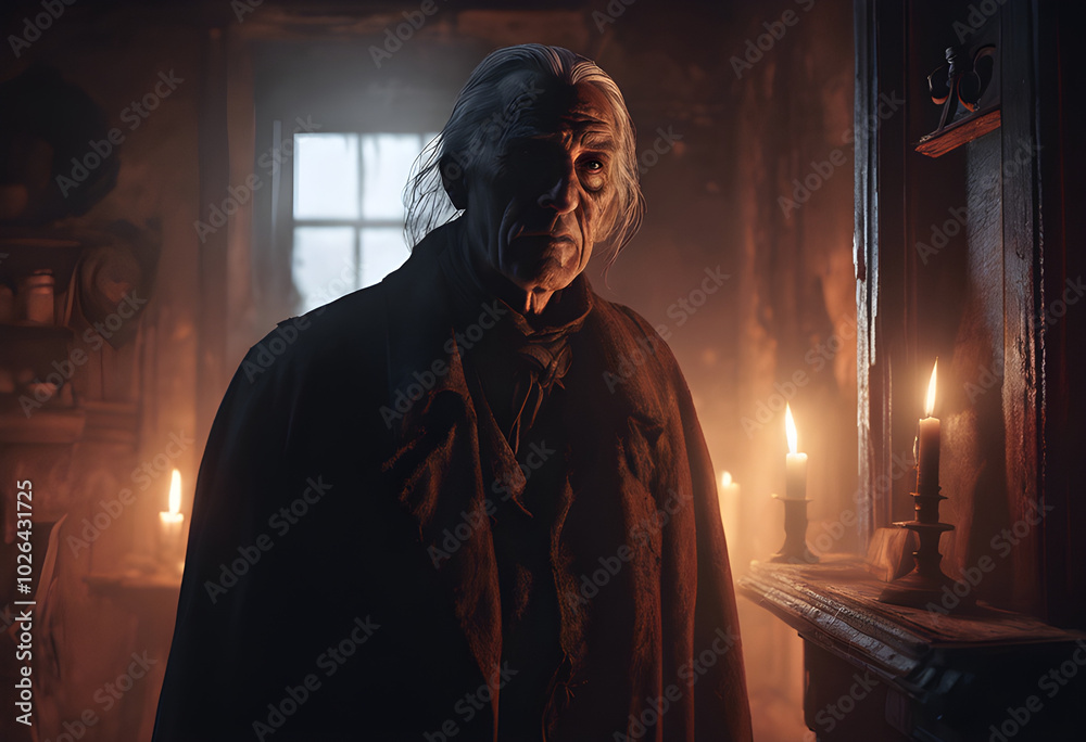 The ghost of an elderly man with a face covered in red, raised scars stands in an old house, his shadow looking frightening in the candlelight. The ghost of an elderly man with a face covered in red, raised scars stands in an old house, his shadow looking frightening in the candlelight.