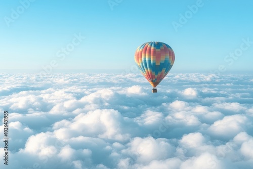 Hot air balloon gently floating above the clouds on a sunny day. 