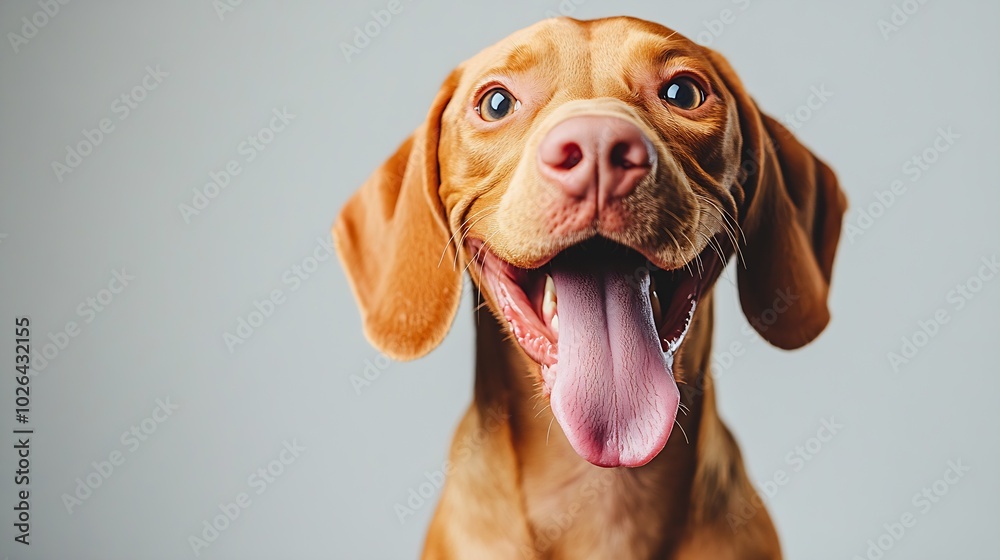 funny dog shows tongue Hungarian vizsla on a white background. : Generative AI funny dog shows tongue Hungarian vizsla on a white background. : Generative AI