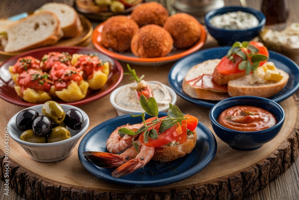 A table full of food with a blue plate in the middle