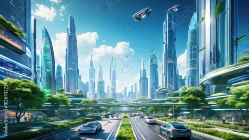 A futuristic cityscape with sleek skyscrapers, flying vehicles, and green spaces.