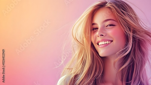 3. **Fresh and Vibrant**: Design a vibrant image of a young woman with long, glossy blonde hair smiling brightly. The pastel background should be soft and inviting, providing ample space for text or