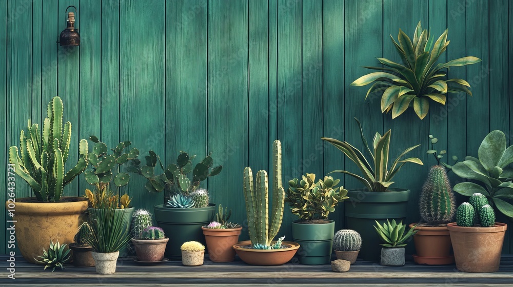 A vibrant display of various potted plants and cacti against a wooden wall. A vibrant display of various potted plants and cacti against a wooden wall.