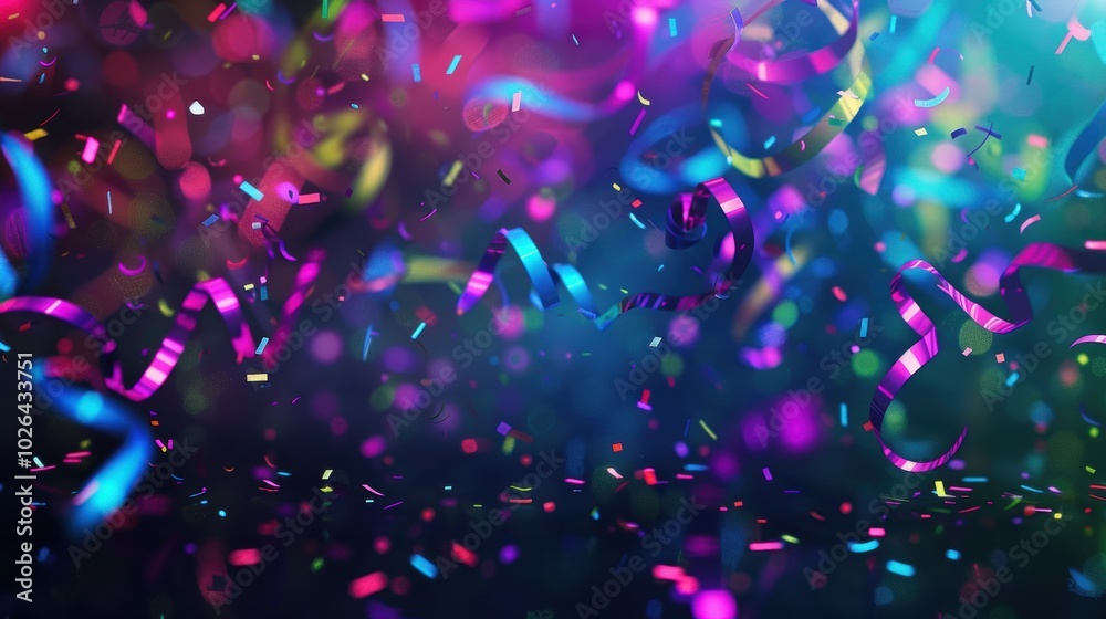 Vibrant Abstract Birthday Background with Colorful Ribbons and Dynamic Confetti in Neon Shades Vibrant Abstract Birthday Background with Colorful Ribbons and Dynamic Confetti in Neon Shades