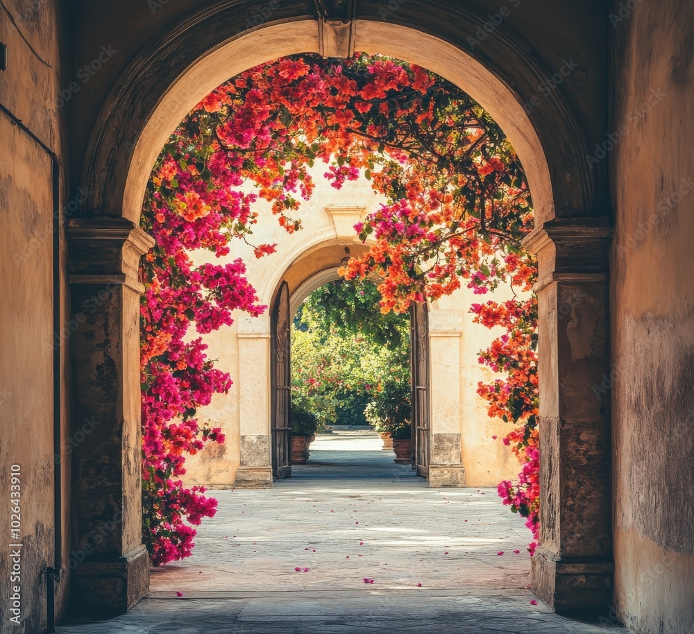 Fototapeta premium Bougainvillea-covered archway framing a scenic view of a garden path. 