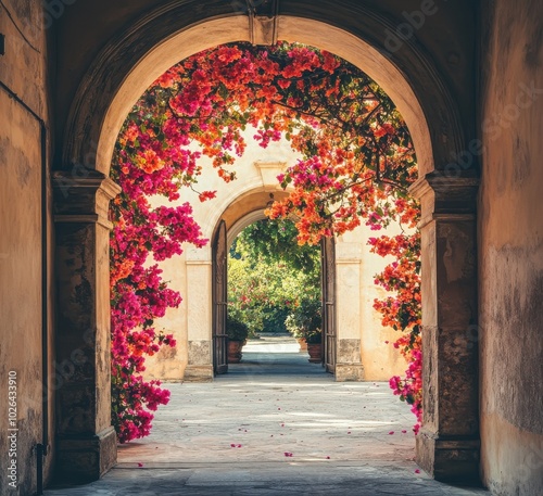 Bougainvillea-covered archway framing a scenic view of a garden path.
