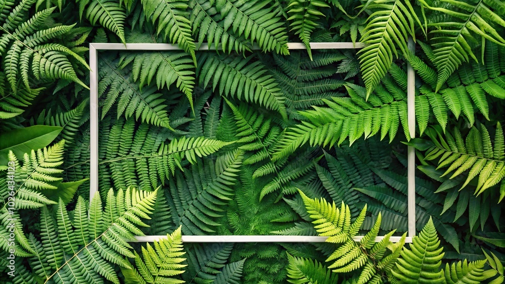 Panoramic green fern plants in natural background with white frame Panoramic green fern plants in natural background with white frame