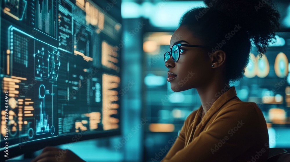 Empowered Woman Engaging with Advanced Data Analysis Technology in a Modern Workspace Empowered Woman Engaging with Advanced Data Analysis Technology in a Modern Workspace