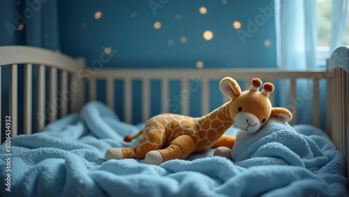 Sweet giraffe plush in cozy crib under starry nightlight