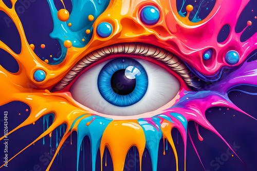 Illustration of art eye colorful and liquid splashing on the abstract background.