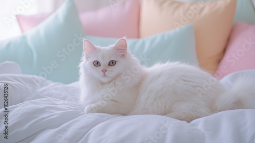 A fluffy white cat lounging on a bed, with a background of soft, pastel-colored pillows