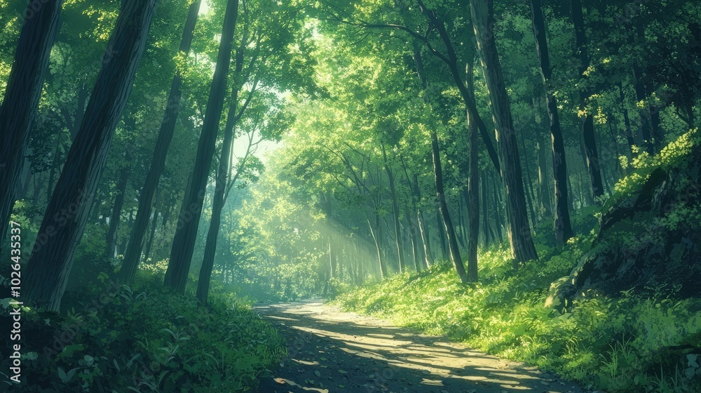 A forest trail surrounded by tall, green trees, with sunlight filtering through the leaves and casting dappled shadows.