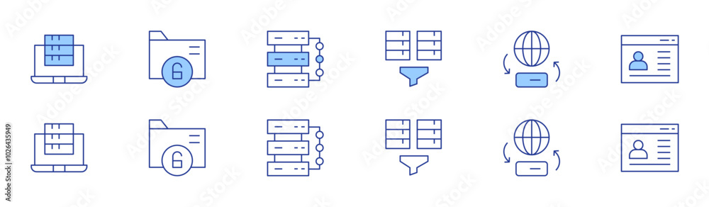 Data icon set in two styles, Duotone and Thin Line style. Editable stroke. data mining, data transfer, personal information, data storage, data encryption, data server Data icon set in two styles, Duotone and Thin Line style. Editable stroke. data mining, data transfer, personal information, data storage, data encryption, data server
