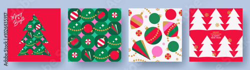 Set of Holiday Xmas seamless pattern with Christmas Tree, toys, snowflakes in trendy geometric style in red, green, pink, gold colors. Christmas design for season greeting card, banner, poster, print
