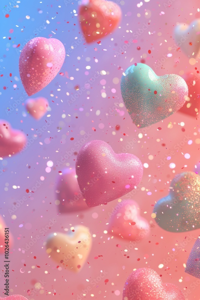 Playful Valentine's Day Abstract Background with Floating Candy Hearts and Glitter Playful Valentine's Day Abstract Background with Floating Candy Hearts and Glitter