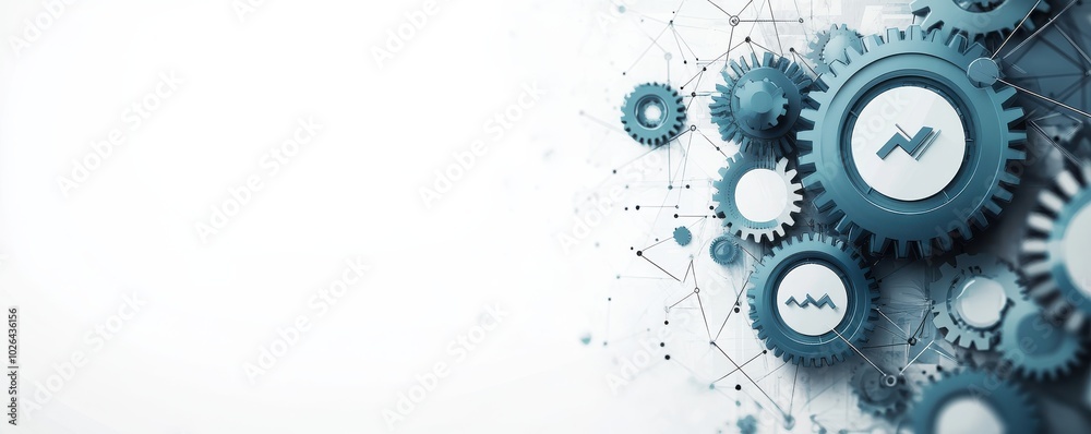 Digital futuristic gears and technology background for infographic with cityscape overlay Digital futuristic gears and technology background for infographic with cityscape overlay