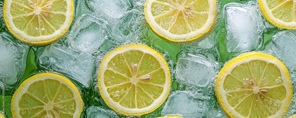 Refreshing background of lemon slices and ice cubes in sparkling water with vibrant green tones Refreshing background of lemon slices and ice cubes in sparkling water with vibrant green tones