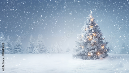Christmas background. Xmas tree with snow decorated with garland lights, holiday festive background
