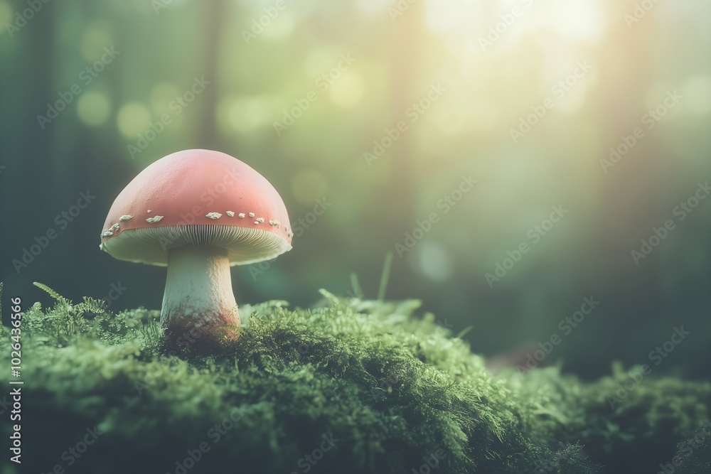 Fototapeta premium A glade dotted with fly agaric and grebes in the forest. Mossy and mushroom forest, background banner. 