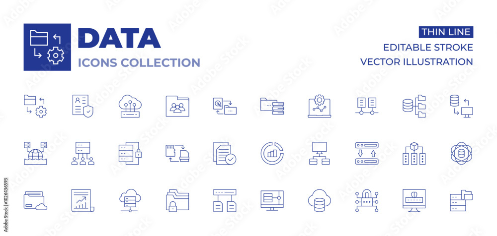 Data icons collection. Thin Line icons, editable stroke. cloud data, data analysis, data lake, data storage, data transfer, data protection, data security, data flow