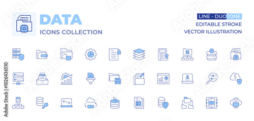 Data icons collection. Line Duotone style, editable stroke. data network, data encryption, data server, data transfer, folder, data analytics, filtering, save, data table, input