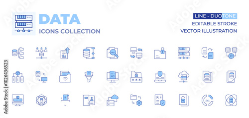 Data icons collection. Line Duotone style, editable stroke. data, folder, data storage, employee, filter, data science, data exchange, data protection, data mining