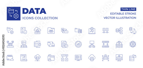 Data icons collection. Thin Line icons, editable stroke. cloud data, data analysis, data lake, data storage, data transfer, data protection, data security, data flow