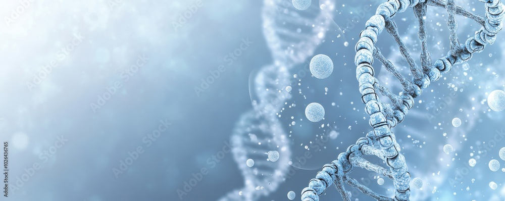 DNA helix with a soft blue gradient background and delicate flowers representing genetics and biotechnology concepts DNA helix with a soft blue gradient background and delicate flowers representing genetics and biotechnology concepts