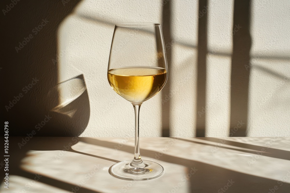 Glass of white wine casting soft shadows on a sunlit table.
Glass of white wine casting soft shadows on a sunlit table.