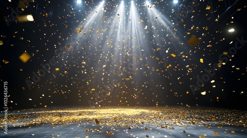 4. **Enchanting Celebration**: Capture a magical moment on a festive stage with golden confetti falling gracefully, highlighted by a radiant light beam. The empty room at night should serve as an photo