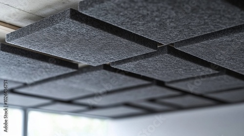 Acoustic ceiling tiles arranged in a grid for sound absorption.