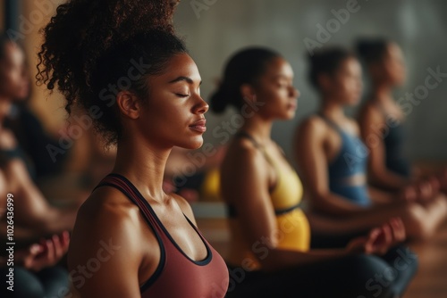 Group meditation class with diverse women practicing mindfulness. 