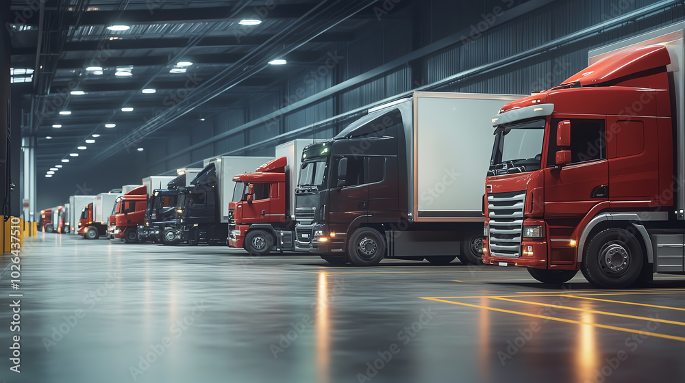 A side view of trucks and vans parked in a logistics hub, ready for dispatch to various locations