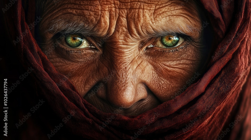 A woman with a green eye and a red scarf A woman with a green eye and a red scarf