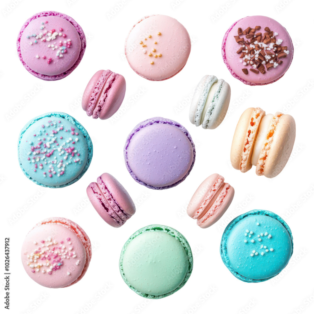 Obraz premium A top-view collection of exquisite macarons in soft pastel shades, showcasing an array of delicate and colorful treats.