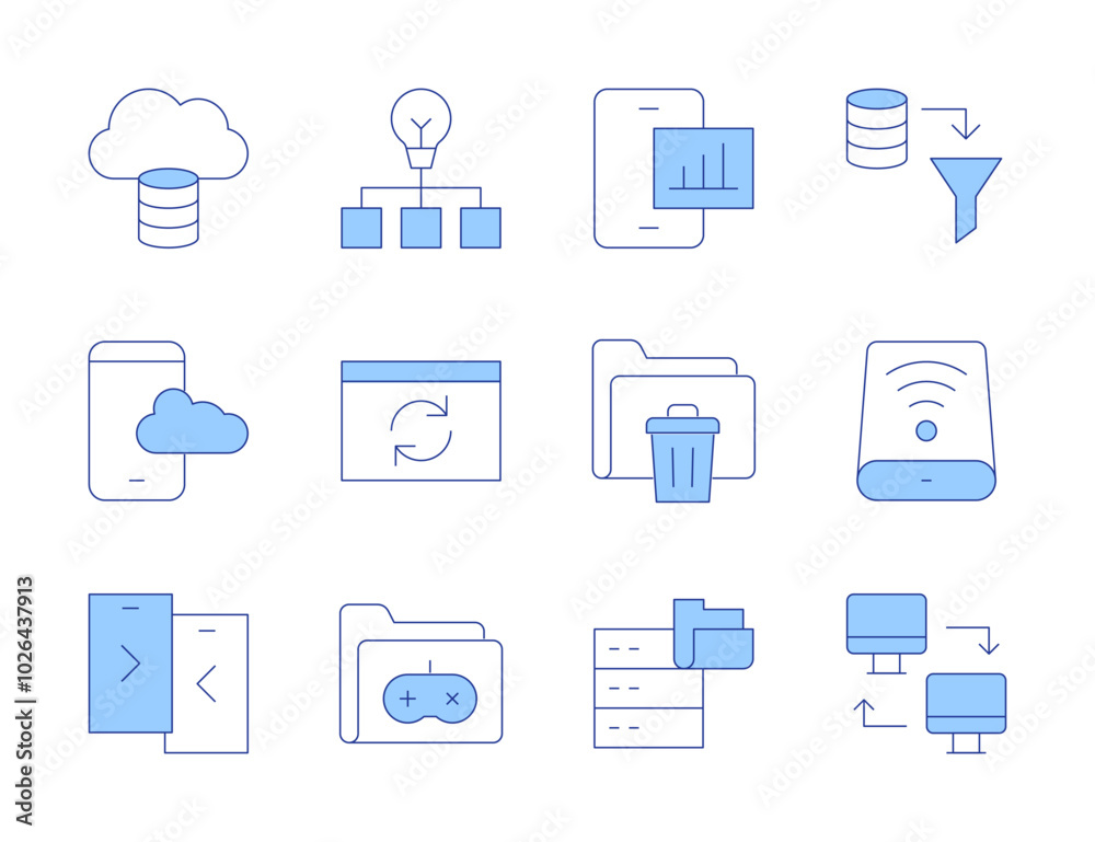 Data icons. Line Duotone style, editable stroke. game folder, synchronization, data transfer, recycle bin, computer networking, data storage, cloud data Data icons. Line Duotone style, editable stroke. game folder, synchronization, data transfer, recycle bin, computer networking, data storage, cloud data